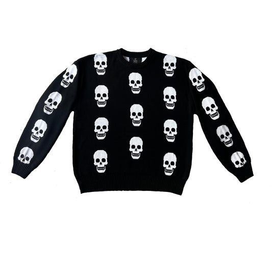 Black sweater with white skull patterns on a white background