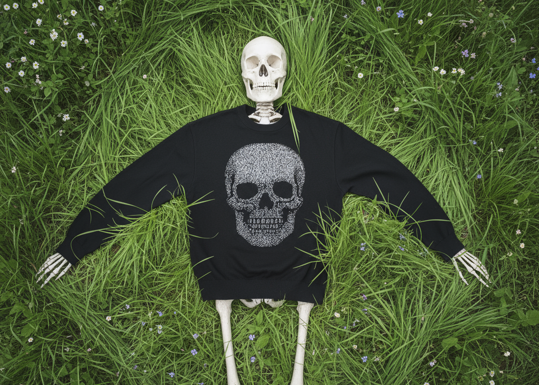 Skeleton wearing Silver Jacquard Skull Sweater in grass from above